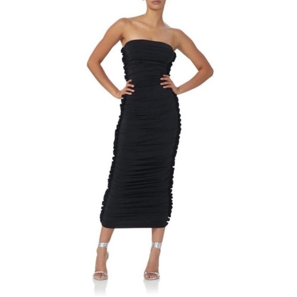 NWOT AFRM Eterna Strapless Gathered Midi Dress In Black Size S